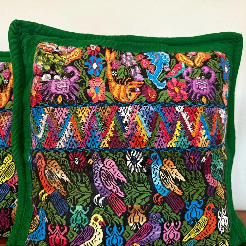 Guatemala handmade Embroidered Throw Pillows pair‎ 18x18” zip birds crab floral